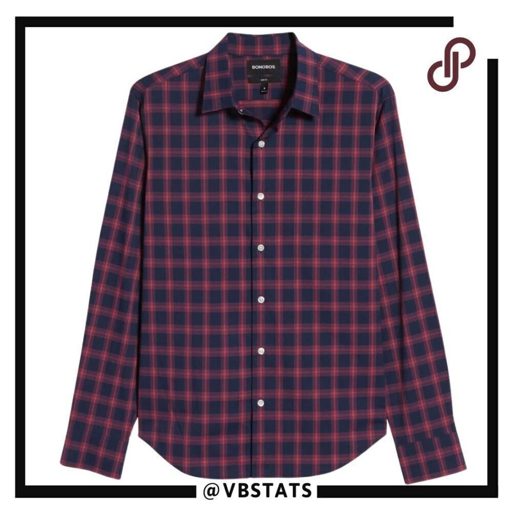 Bonobos Slim Fit Check Button-Up Performance Sport Shirt XL Slim Fit Red/Navy - Picture 5 of 12